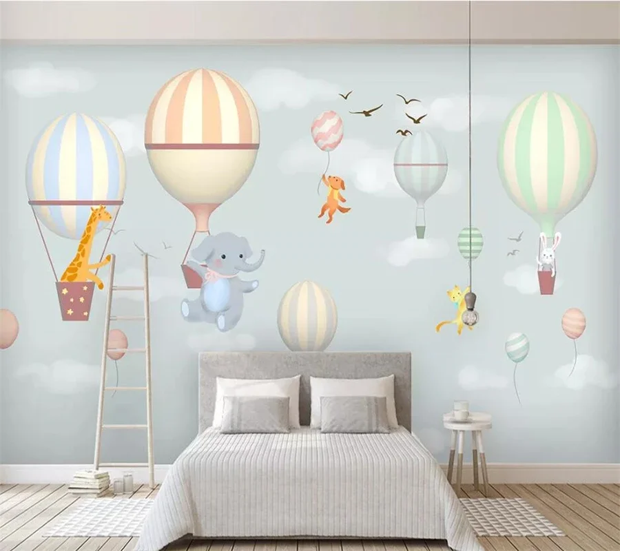 Papel tapiz 3d personalizado para habitación de niños, globo aerostático, elefante, conejito, pintado a mano, copo de nieve, dibujos animados