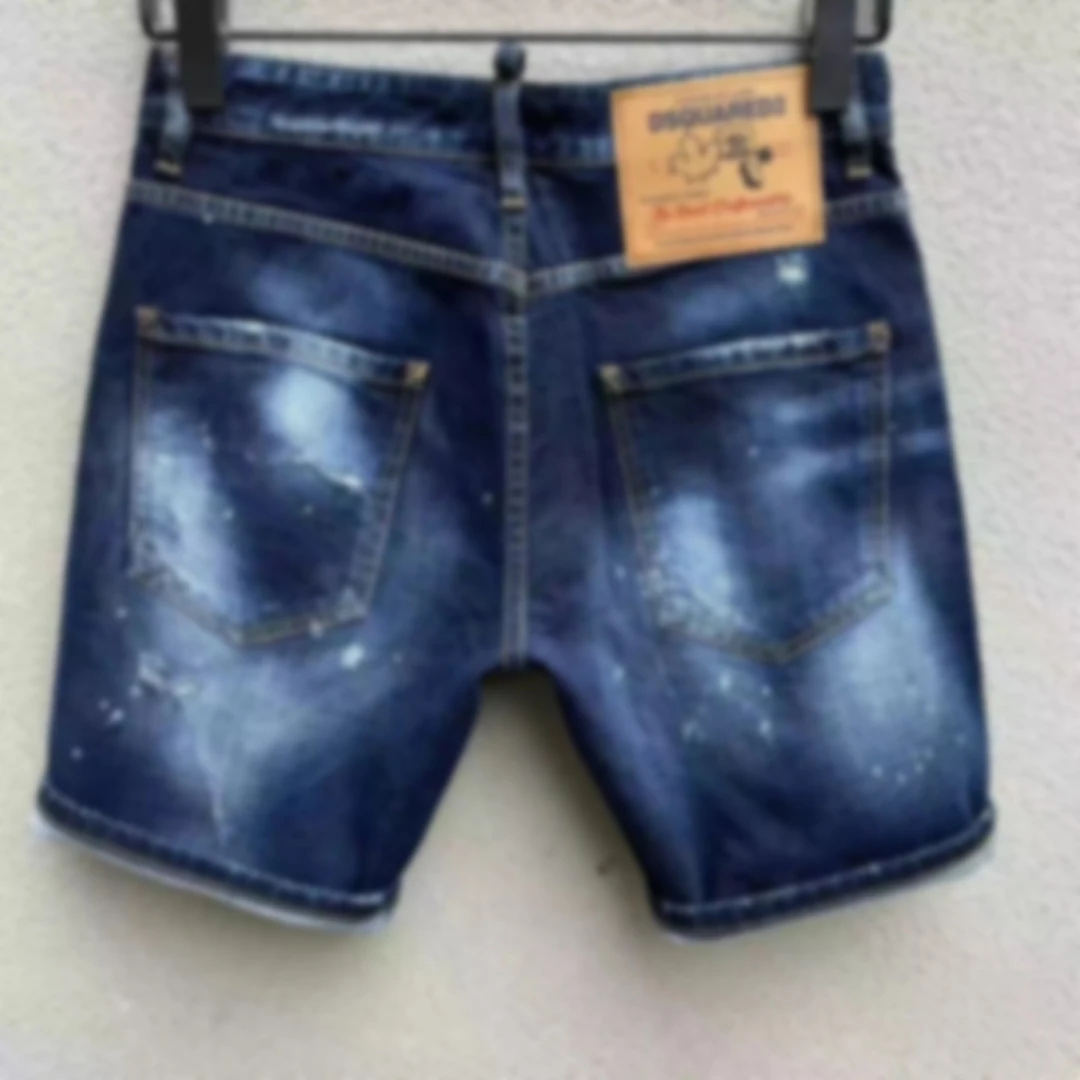 2024 Summer Denim Shorts Men's D2 Jeans Trendy Men's Water Washed Worn Hole Patch Light Blue Slim Fit Micro Elastic