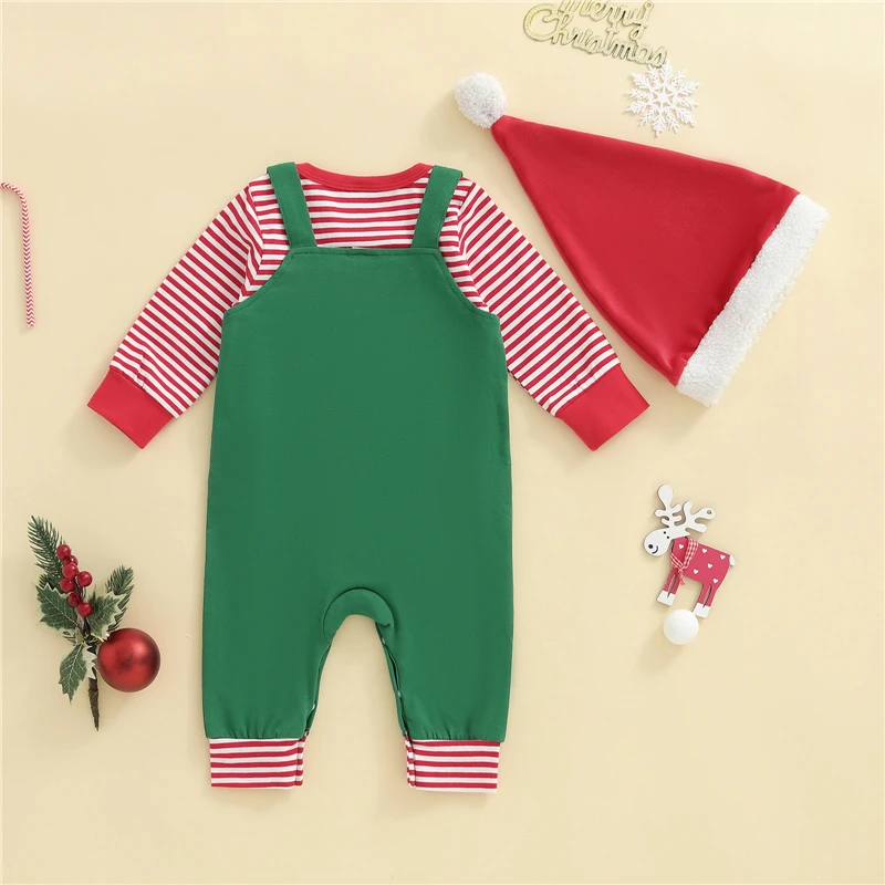 Vêtements pour bébé garçon, barboteuse à manches longues, rayures de noël, broderie de chiffres, pantalon et chapeau, tenue 3 pièces, vêtements pour nouveau-né