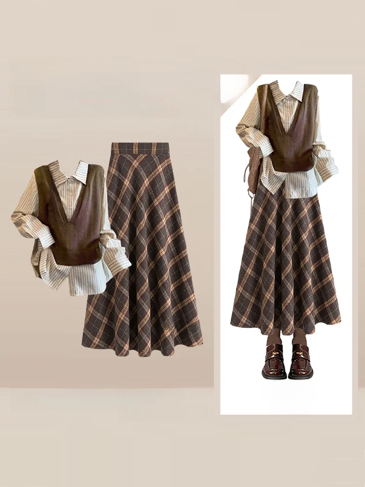 Unique belle grande taille ensemble automne hiver manger joie f jupe gilet tricoté irt collège Sle vêtements t-shirt pièce...