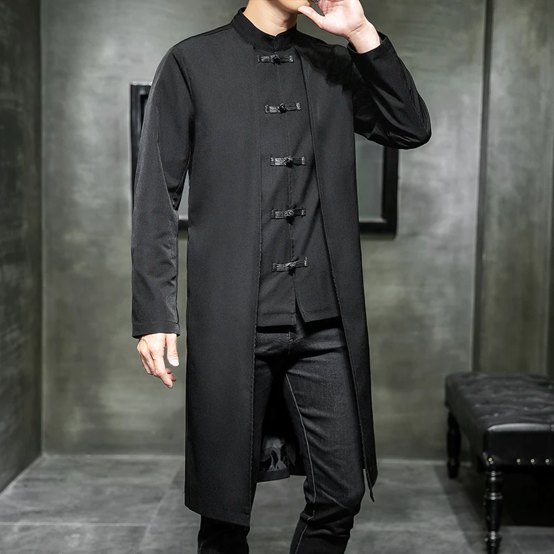 Men Loose Vintage Cotton Linen Trench Coat Men Fake two Pieces Cardigan Kimono Coat Male Long Chinese Style Black Windbreaker