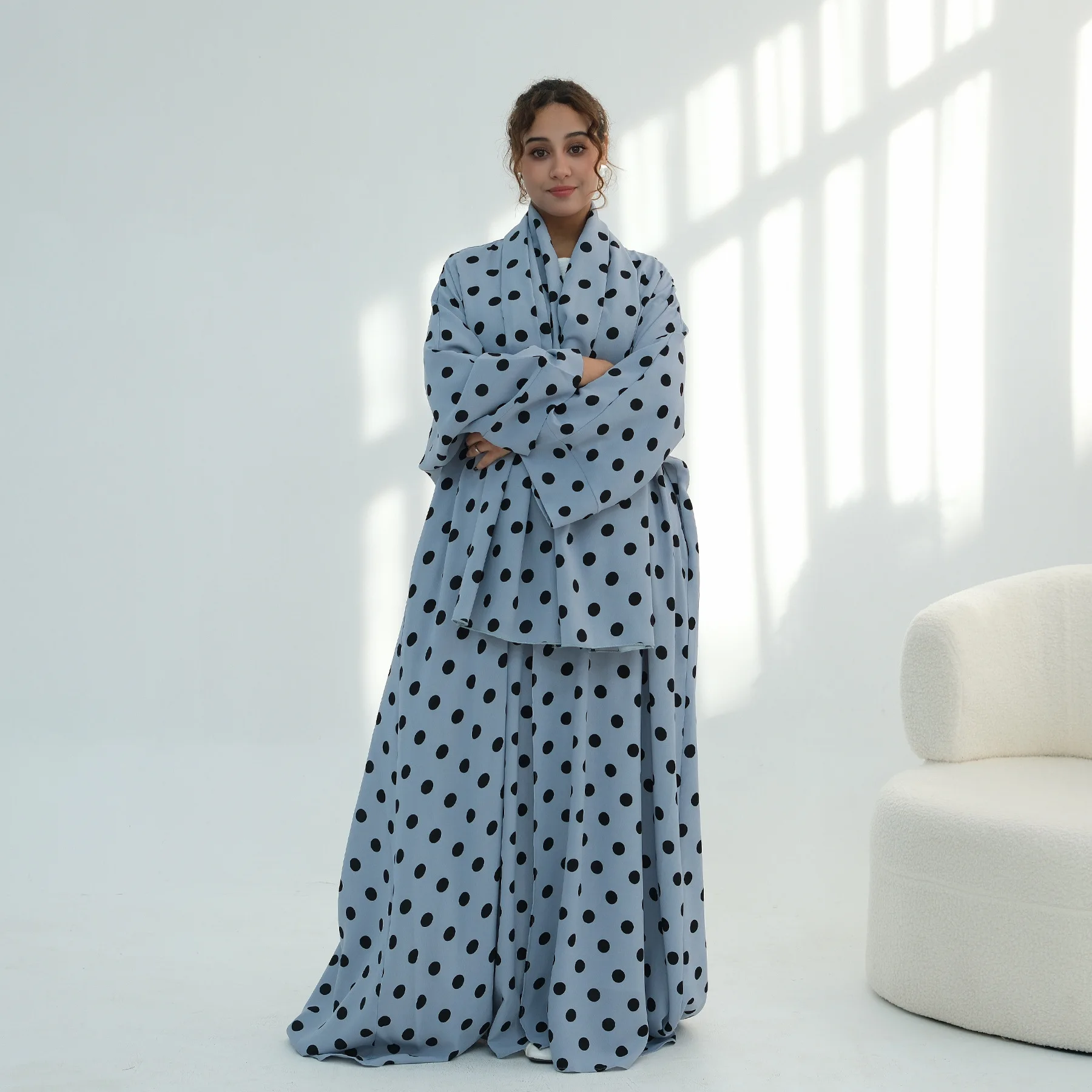 Mode Dubai Polka Dot Abaya Kaftan Hijab Jurk Set voor Moslimvrouwen Marocain Jalabiya Kebaya Bescheiden Islamitische Kleding Ramadan