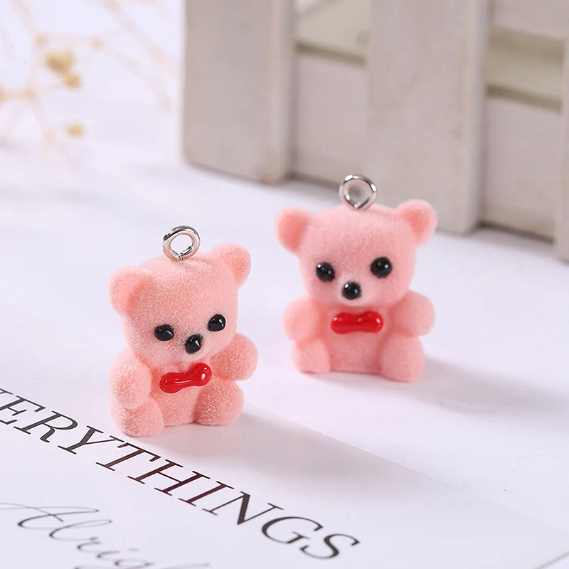 2PCS Bear Pendant Kawaii 3D Fluffy Flocking Charms Miniature Dolls Keychain Necklace Pendant DIY Crafts Jewelry Make