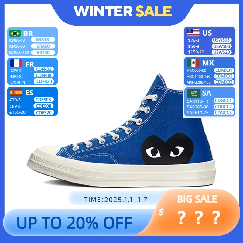 Converse 1970s Chuck Taylor All Star Hi X CDG Men and Women Skateboarding Shoes High-top Outdoor Sneaker Blue