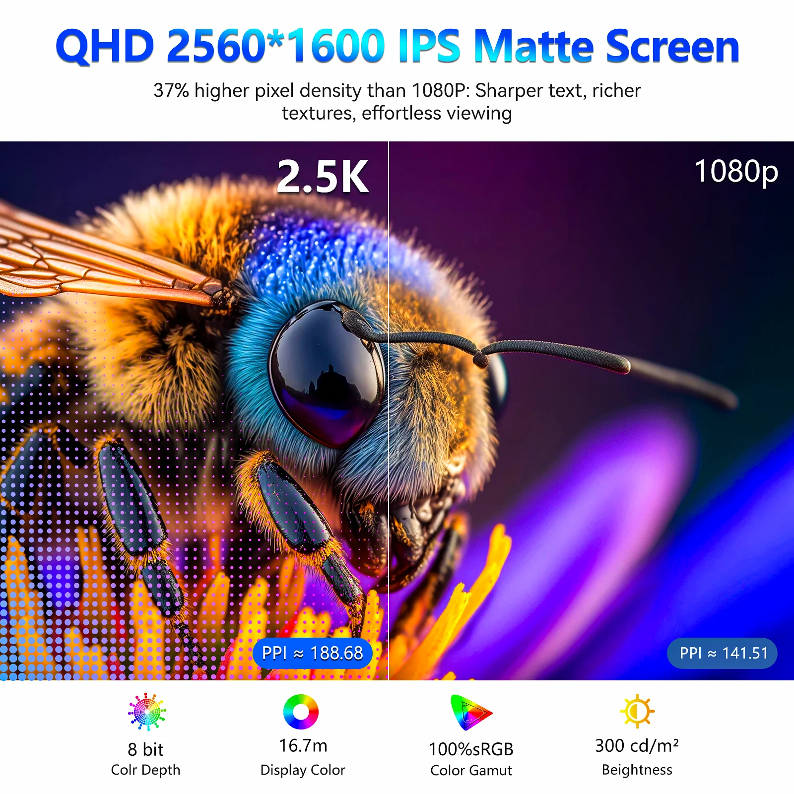 Monitor Portabel 16 "2.5K 144HZ, Kickstand sRGB 100%, HDR, FreeSync, Ultra Ramping, Cahaya Biru, Komputer Kedua Eksternal dengan Rendah untuk PC