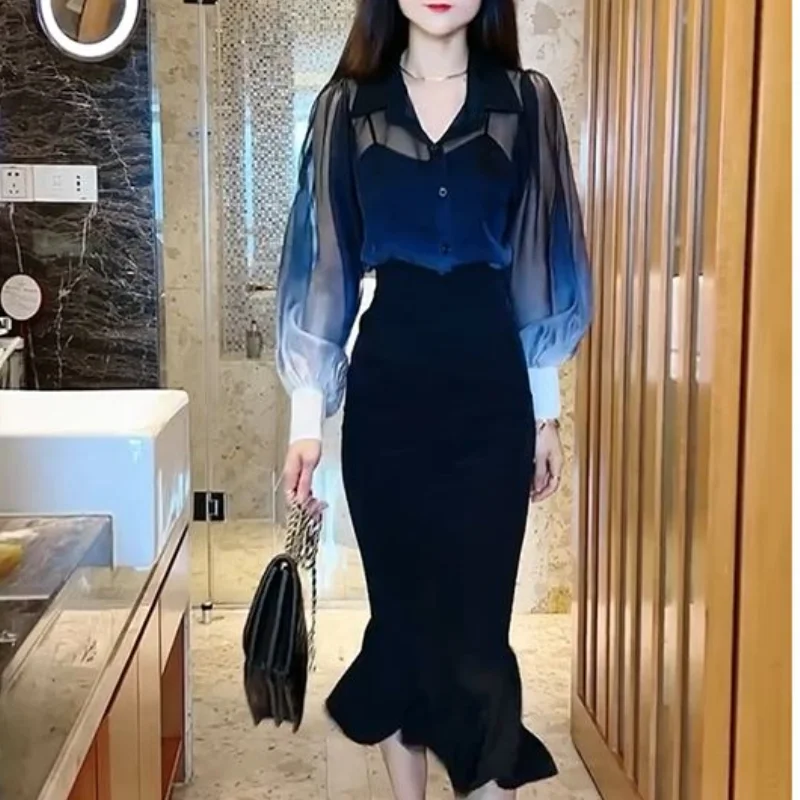 Maxi Suits Long Slim Fit Woman Outfit Sexy Skirt Sleeve 2 Pieces Sets for Women Commuting Y2k Clothes Formal Event Stylish Full