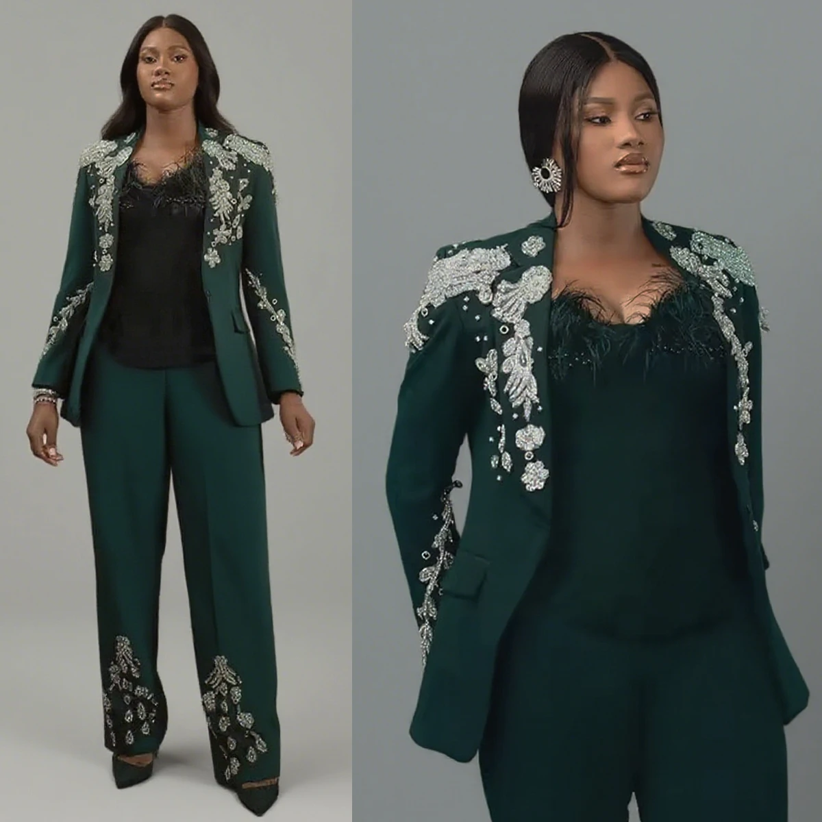 

Luxury Crystal Appliqued Women Pants Suits Dark Green Plus Size 2 Pieces Customized Wedding Guest Suits Formal Party Outfit