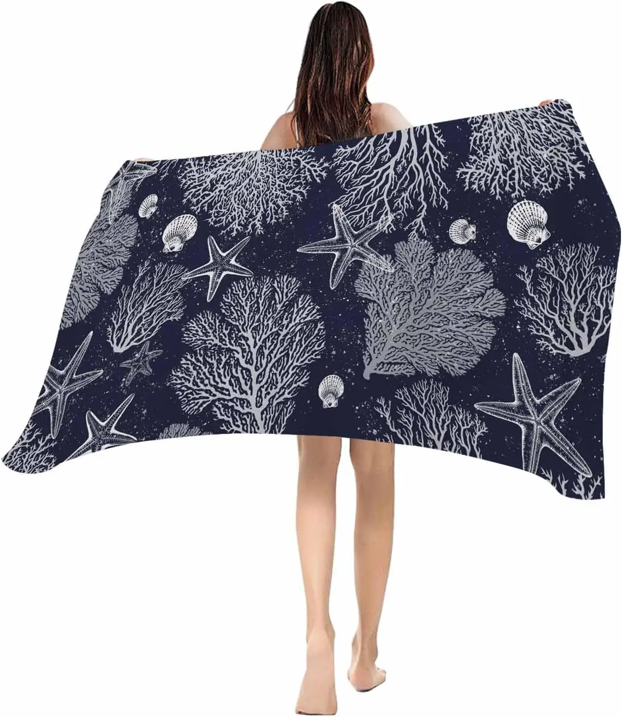 Beach Towel Navy Blue Coral Bath Pool Towels Ocean Starfish Shell Soft Absorbent Beach Towel Lightweight Large Quick Dry Swim