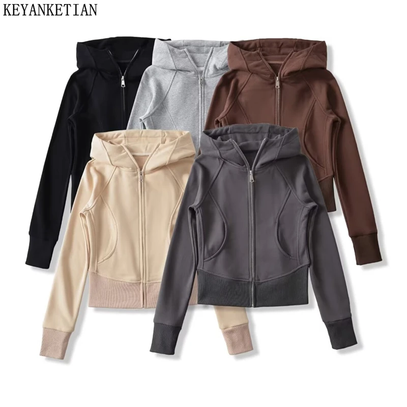 KEYANKETIAN 2024 Autumn New Women's Solid color Sheath Hoodies Street style Screw Thread Patchwork Pockets Short Sweatshirts Top