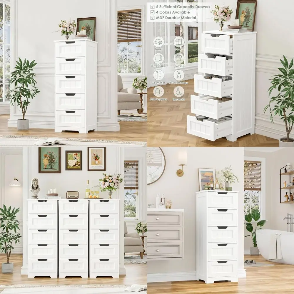 

5-Drawer Wooden Storage Cabinet with Cut-Out Handles, 11.8 x 15.7 x 40.1, White Bathroom Floor Cabinet for Hallway/Living Room