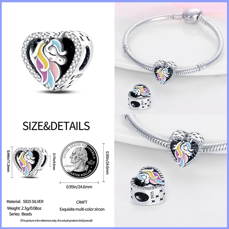 925 Sterling Silver Rainbow Heart Horse Unicorn Charm Beads for Pandora 925 Original Bracelet Fashion DIY Fine Jewelry Gift