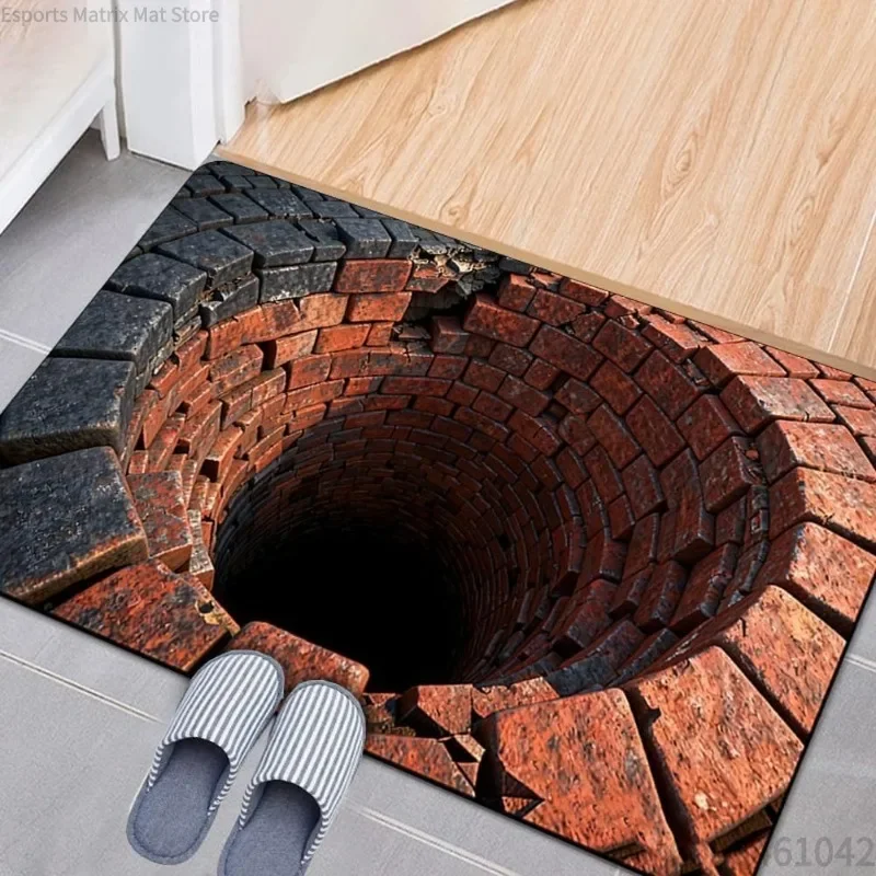 3D Optical Illusion Stone Hole Print Doormat Square Natural Vintage Style Non-Slip Entryway Rug for Indoor Outdoor Decor Carpe