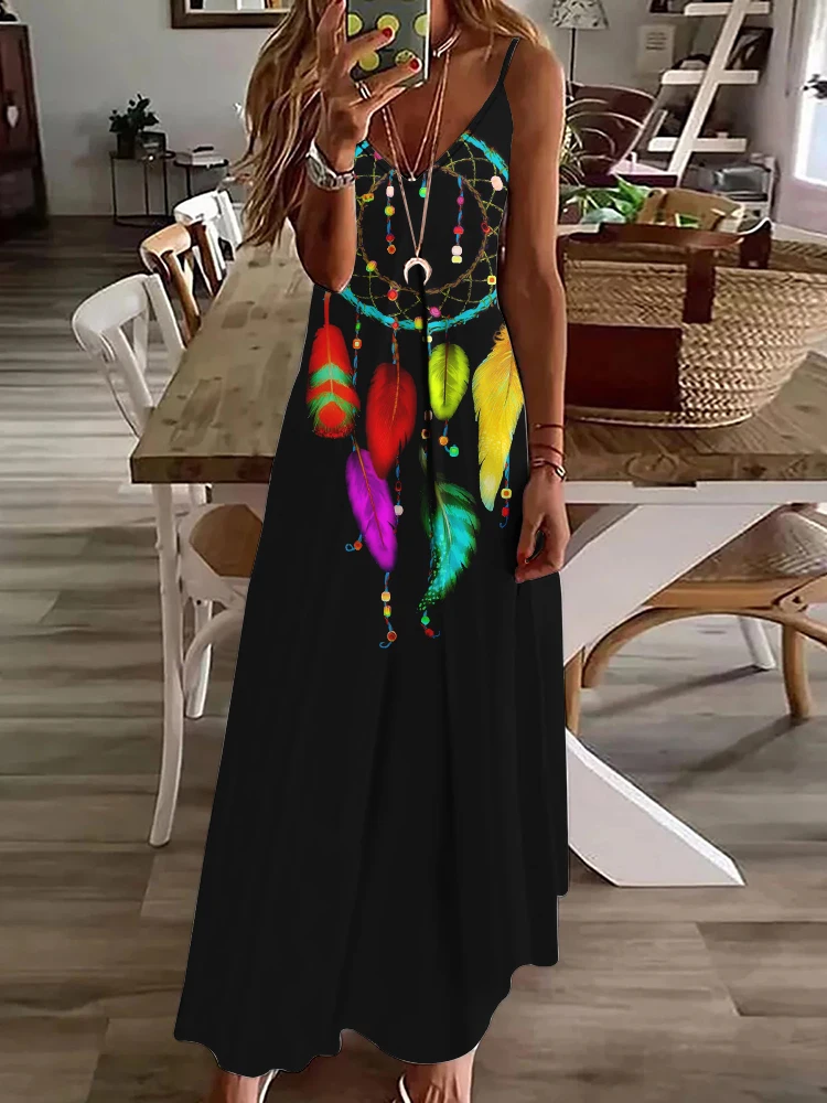 

3D Dreamcatcher Print Women's Dress Summer Daily Casual Women's Long Dress Vintage Ethnic Print Women's Sleeveless Dress
