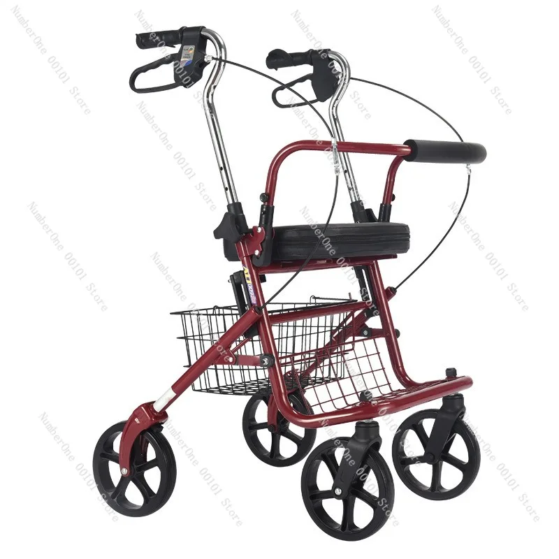 

Aluminum Alloy Elderly Walking Aid Cart Four Wheel Rollator Shopping Trolley with Hand Push Handle Foldable Home Grocery Utility