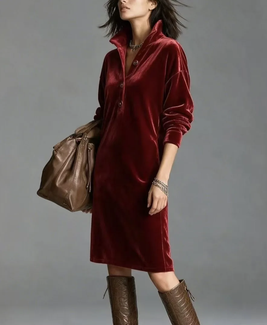 New European American Women Stand Collar Half Button Midi Dress Pullover Loose Straight Cut Casual Long Sleeve Ladies Dress