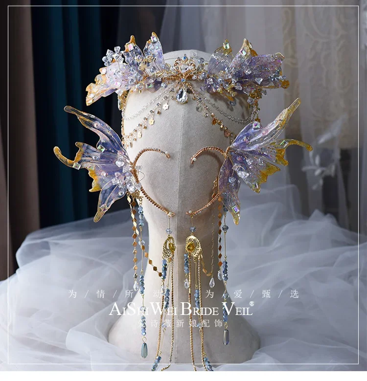 Chinese Wedding Liquid Flower Crystal Mermaid Princess Crown Hair Accessories Hanfu Head Accessories Purple Crystal Headdress