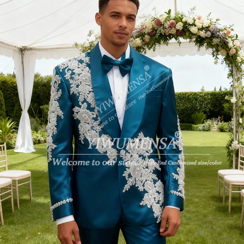 

Luxury Rhinestone Beaded Appliques Suits Men For Wedding 2 Pieces Single Breasted Blazer Pants Customized Groom Tuxedos Attire
