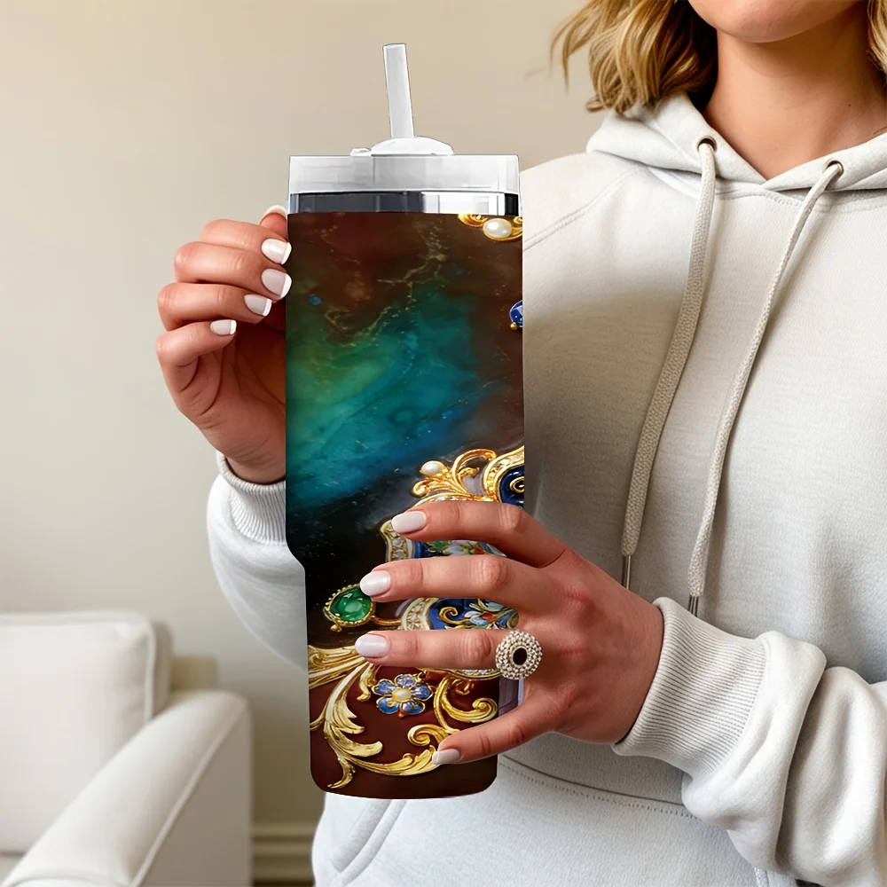 1ps Vintage Luxury Baroque Style Jewelry Gemstone And Pearl Floral Pattern Printed Drinking Tumbler with Straw And Handle