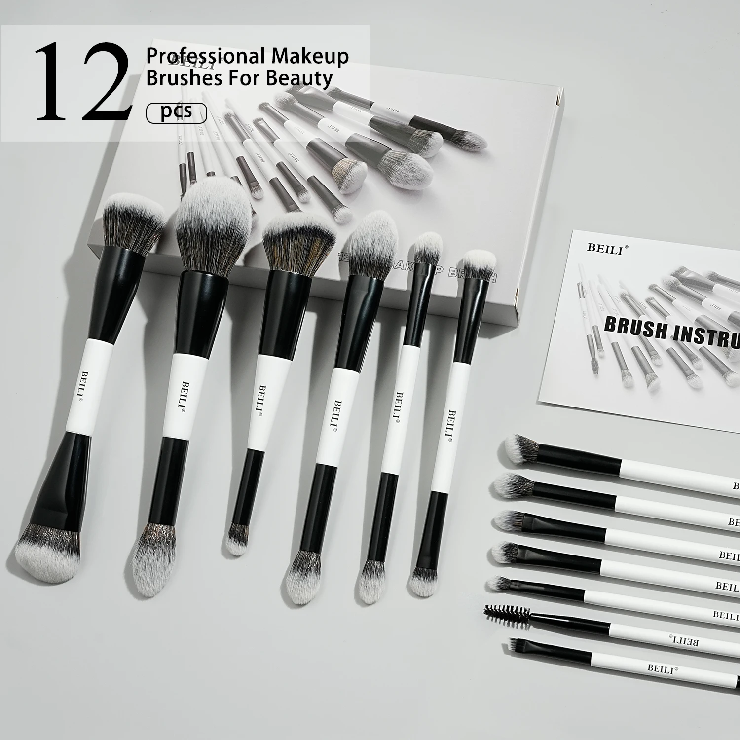 Set di pennelli per trucco a doppia estremità BEILI, professionale, 12 pezzi, vegano, per contouring, fondotinta, cipria, sopracciglia e bronzer. Kit cosmetico._voghion.com