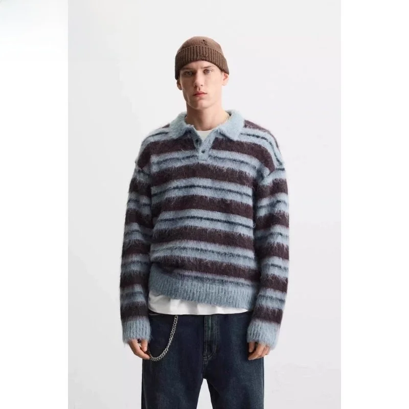 

Осень-зима мужской вязаный Fce irt повседневный длинный свековый свитер с отложным воротником в полоску из полиэфирного волокна