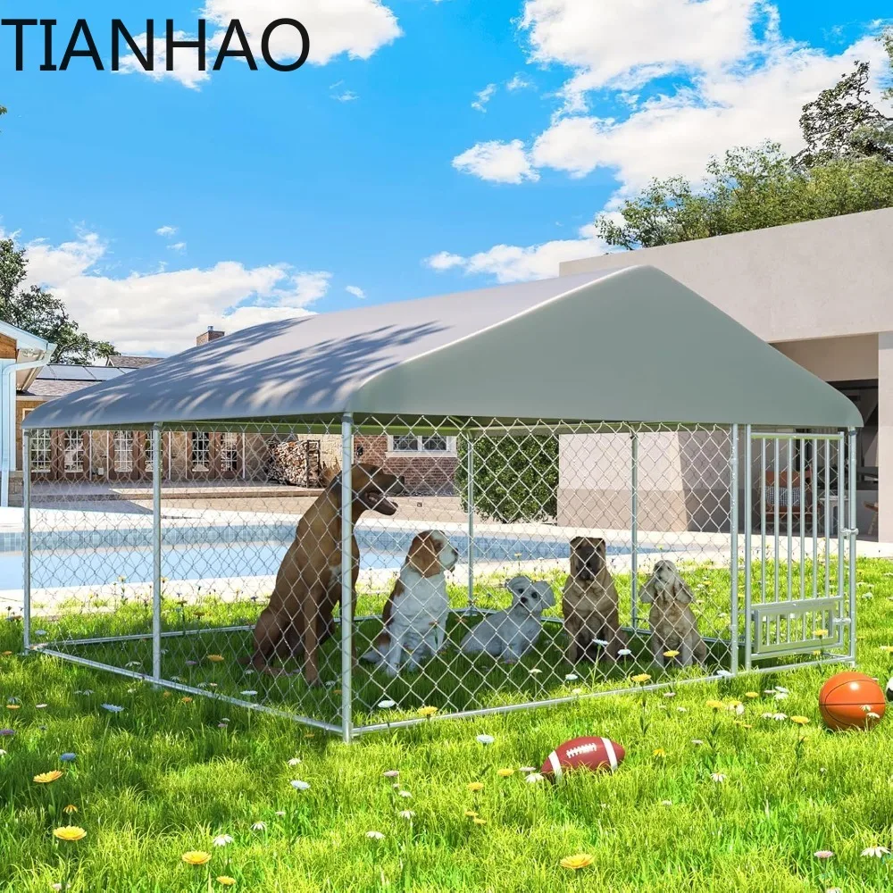 10'x10' Outdoor Dog Kennel with Roof, Dog Kennel Outside with Rotated Dog Bowls, Large House Pen Enclosure with Secure Lock