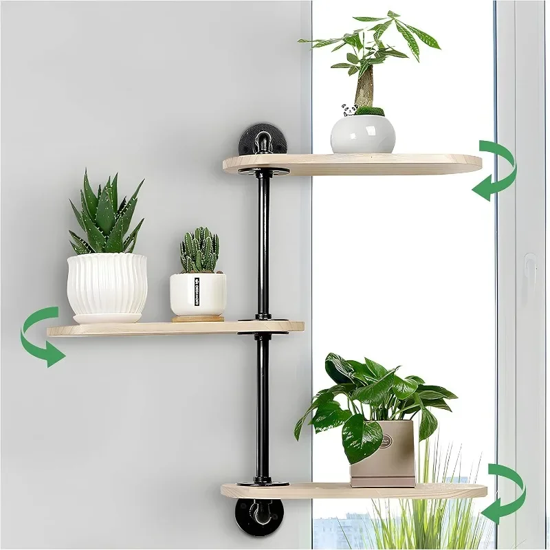 Rotating Window Plant Shelves for Optimal Light Exposure 16 inch, Wooden Window Shelf for Plants 3 Tier for Small Spaces