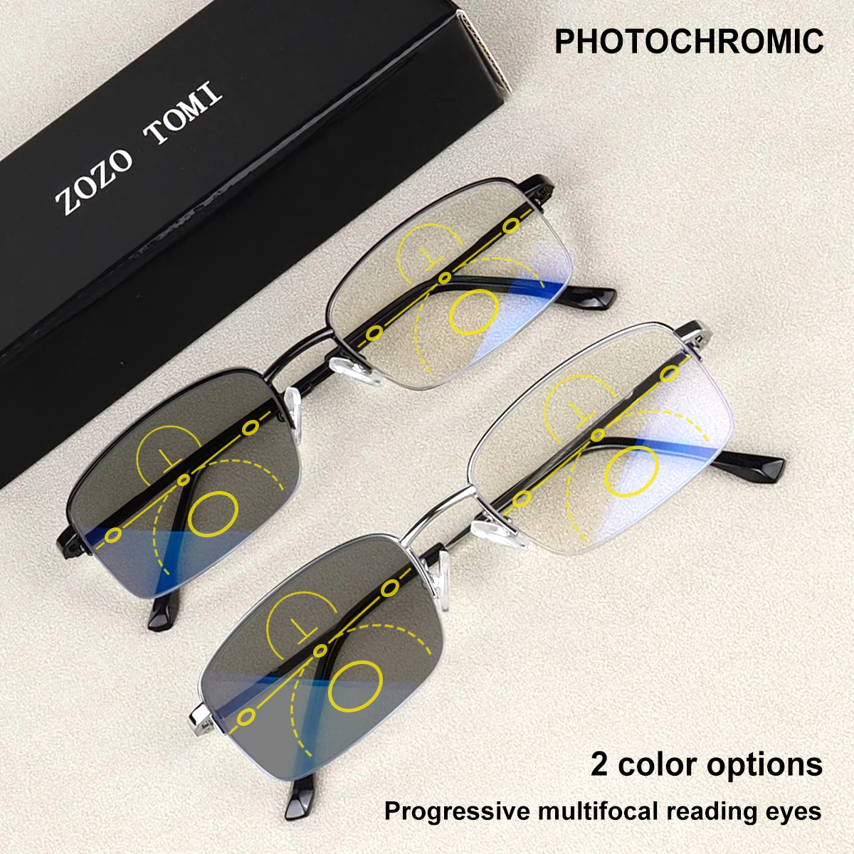 Photochromic, progressive multifocal reading glasses with semi-metal frames, lightweight for comfortable wear, unisex design.