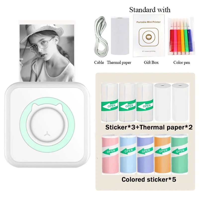 Mini Printer, Inkless Sticker Maker, Free Cut Small Pocket Printer, Portable Thermal Printer for Photo Journal Notes Memo