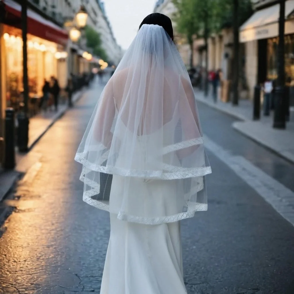 Voile de Mariage Court à Deux Couches, avec Fard à Joues, Bord en Dentelle, Mantilla Douce, Accessoires pour Mariée, V165