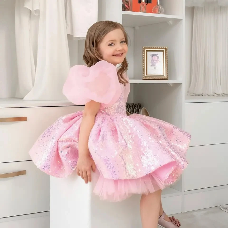 

Glitter Pink Flower Girl Dress Ruffles Short Sleeves Scoop Neck Cute Baby Girl Tutu Party Gown Short Graduation Kids Prom Dress