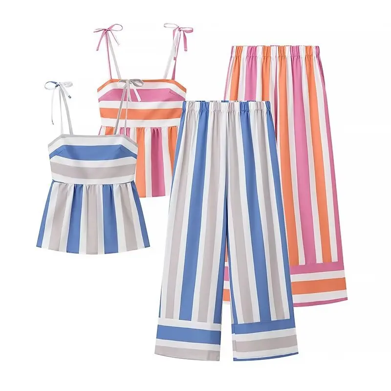 2024 Summer Pareo Striped Strapless Halter Top + Trousers Casual Suit Polyester Spandex Beach Coverups For Women Saida De Praia