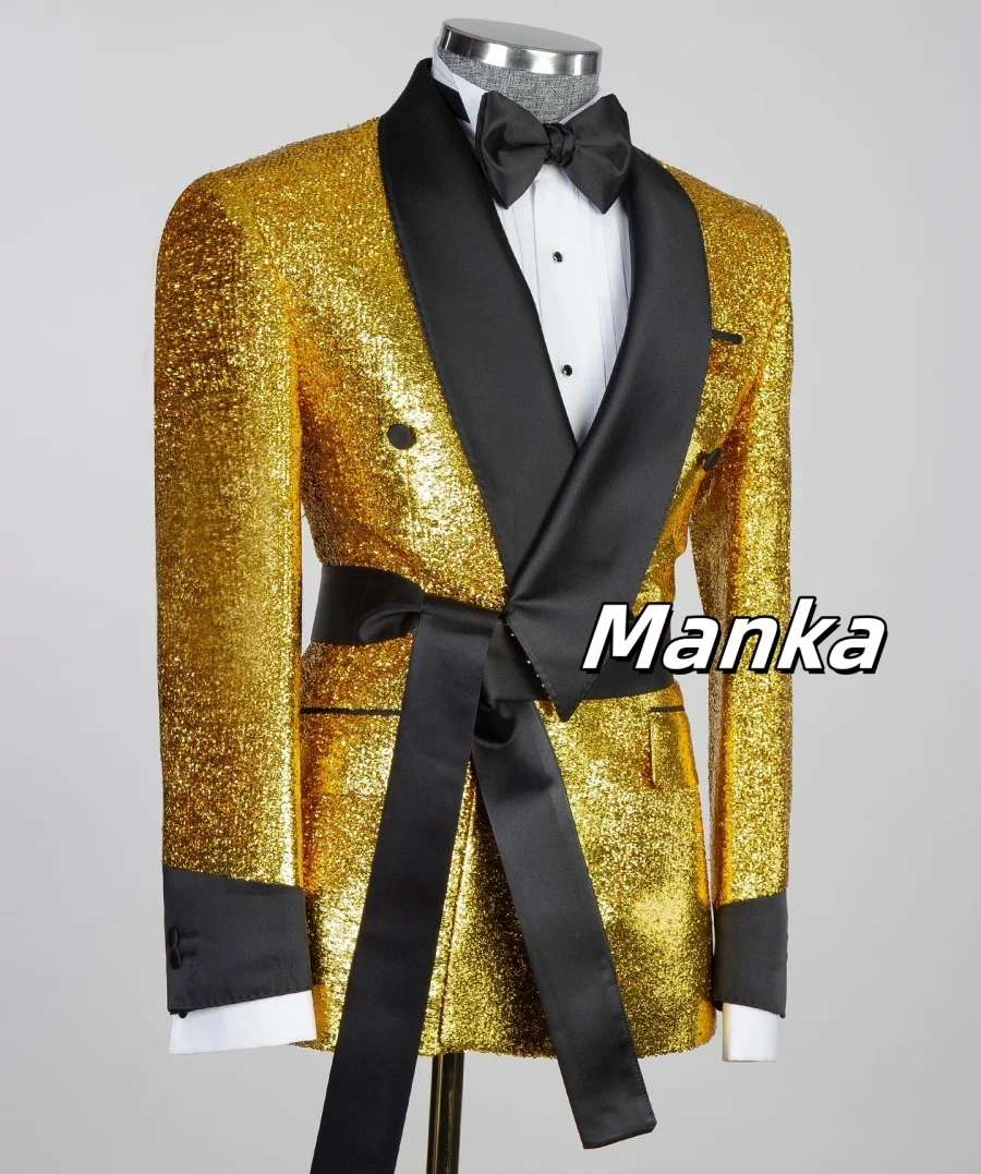 Black Satin Collar Gold Glitter Wedding Tuxedo with Belt Groom Men Suits Slim fit 2PCS Blazer Pants Formal Party Male Suit