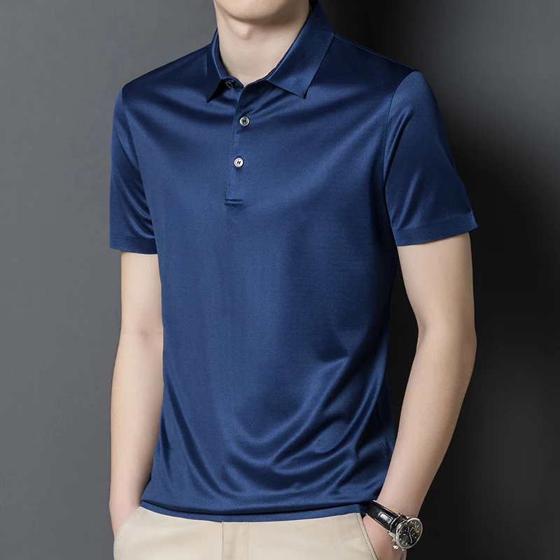 

2022 Mulberry Silk Golf Men's Polo Shirts Luxury Short Sleeve Solid Colir Smart Casual Male T-shirts Summer Simple Man Tees