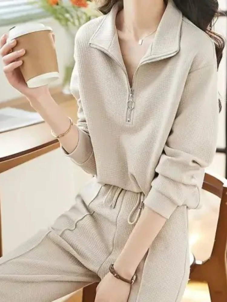 

New Casual Sportswear Two-piece Women's Clothing Autumn and Winter New Simple Lapel Sweater Elastic Waist Trousers Women's Suit