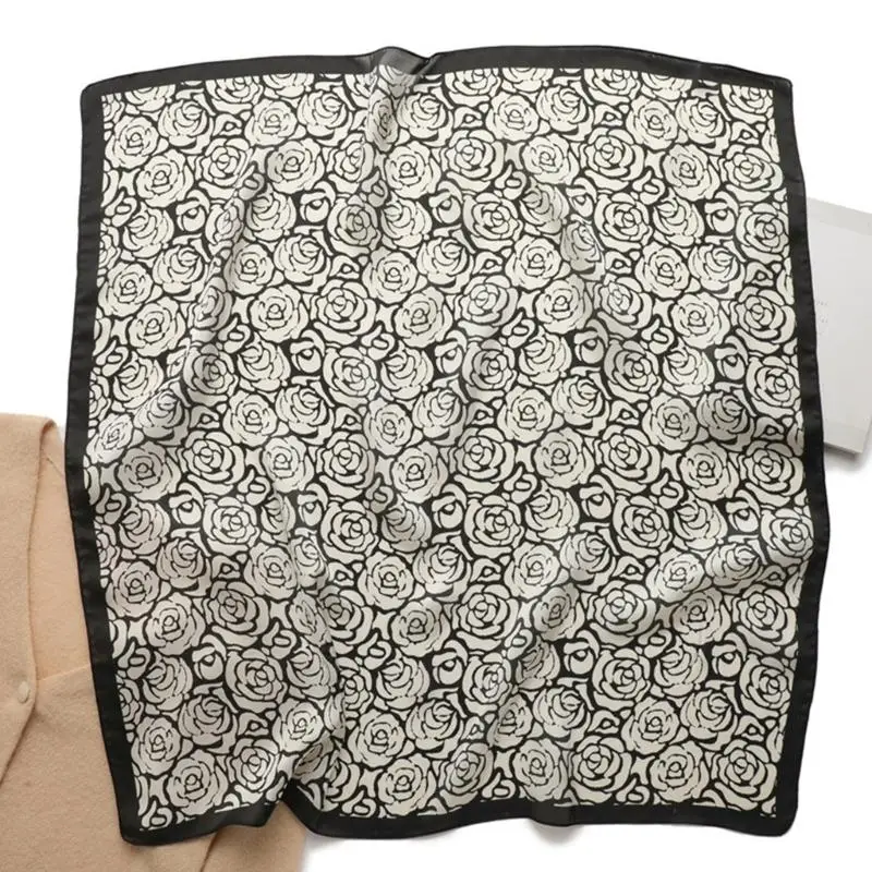 

652F Flower Print Scarf 70cm Square Shawl Wrap Elegant Head Scarf for Women Dresses