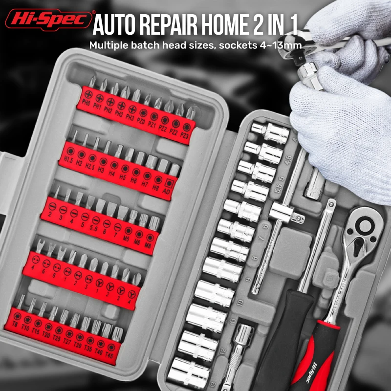 Hi-Spec 68PCS 1/4-inch Socket Wrench Set Hand Tool Sets Car Repair Tool Kit Mechanical Tools Box Socket Ratchet Screwdriver Bits