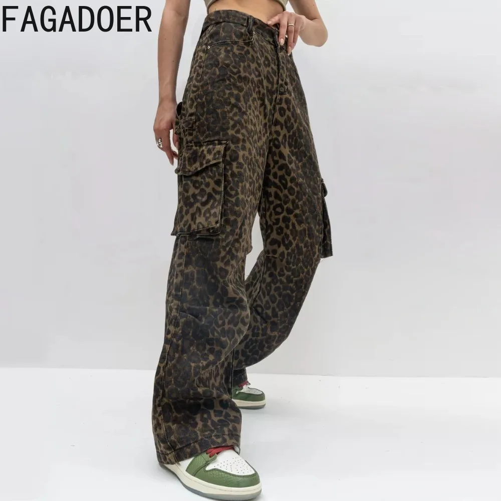 FAGADOER Fashion Leopard Print Straight Cargo Pants Women High Waist Button Pocket Trousers Female Y2K Streetwear Bottoms 2024
