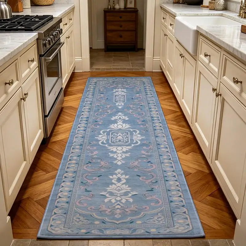 Light Blue Vintage Oriental Medallion Runner Rug Washable Boho Long Hallway Carpet Corridor Floor Mat for Entryway Kitchen Home Decor