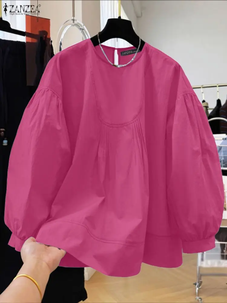 

ZANZEA, повседневные однотонные женские блузки, осень 202, U-образная свободная блузка со швами и круглым вырезом, рукавами-фонариками, уличная одежда, S-3XL