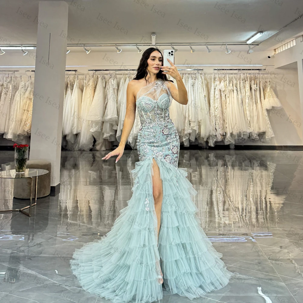 

Mermaid Shiny Prom Dress One Shoulder Split Applique Elegant Dresses For Special Event vestido fiesta Sweep Train Customized