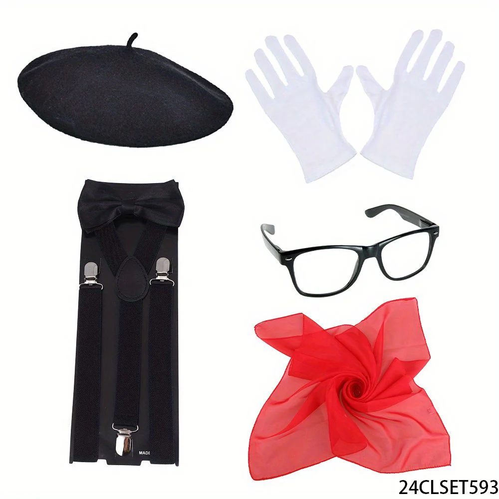 

PESENAR French Mime Artist Costume Set Black Beret Red Scarf Back Suspenders