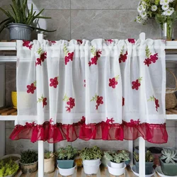 Lace Curtain For Kitchen Red Floral Tulle Curtain For Bay Window Short Curtain Door Partition Cabinet Sheer Drape DL-WP261#40