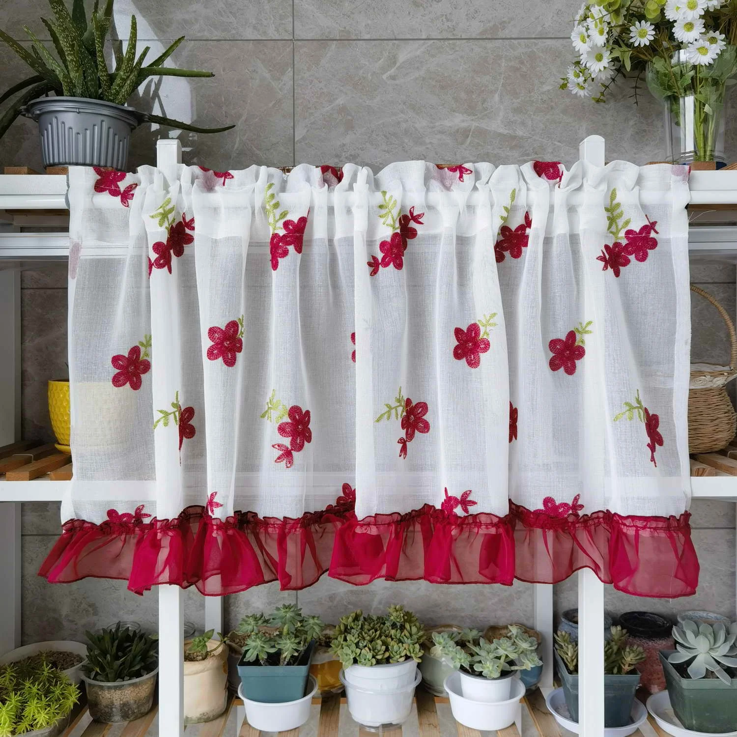 Lace Curtain For Kitchen Red Floral Tulle Curtain For Bay Window Short Curtain Door Partition Cabinet Sheer Drape DL-WP261#40