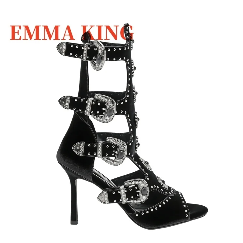 Women's Black Gladiator High Heel Sandals, Open Toe Cutout Ankle Boots with Studs & Buckle, Embellished Western Stiletto Sandals