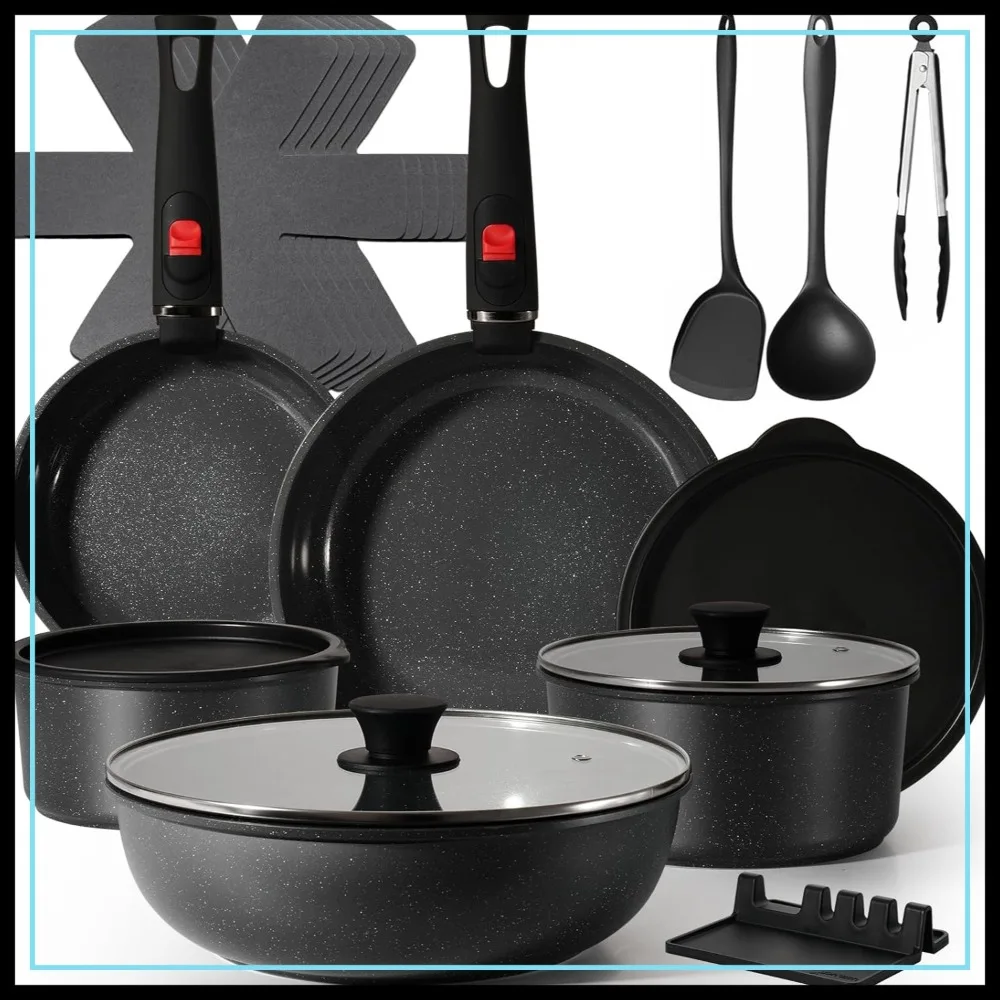 

21-Piece Nonstick Ceramic Cookware Set with Detachable Handles, Stackable Granite-Style Pots and Pans, Induction Compatible for RV Camping, Dishwasher & Oven Safe, Black