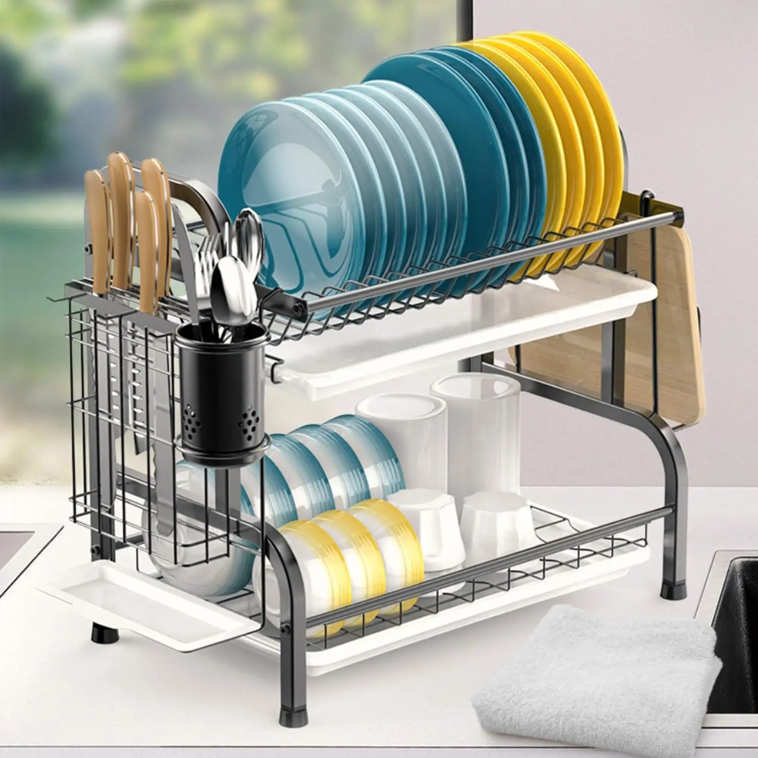 

Dish Drying Rack with Drainboard - 304 Stainless Steel 2 Tier Racks Spout for Kitchen Counter, Drainer Tray,