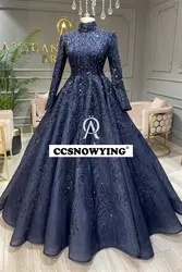 Organza Appliques Beaded Muslim Evening Dresses Long Sleeve Islamic Formal Party Gowns High Neck Women Arabic Robes De Soirée