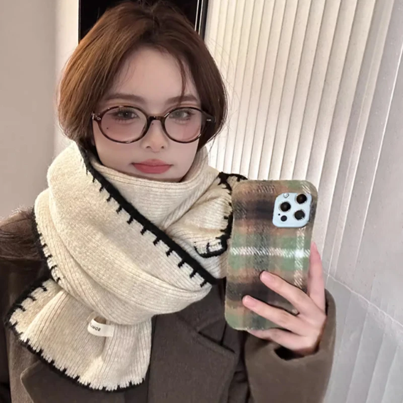 Korean Contrast Knitted Scarf Winter Keeping Warm Fashion Retro Versatile Scarf
