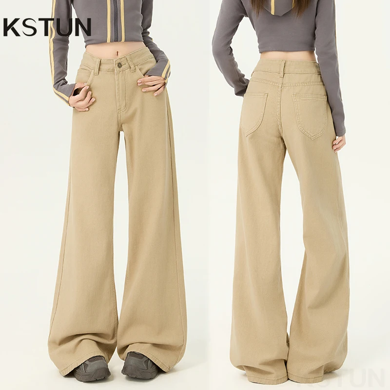 

KSTUN 100% хлопок цвета хаки, джинсы-клеш с низкой талией для женщин, расклешенные брюки, винтажные брюки для мытья полов, повседневные брюки для мам, весна 2026 г.