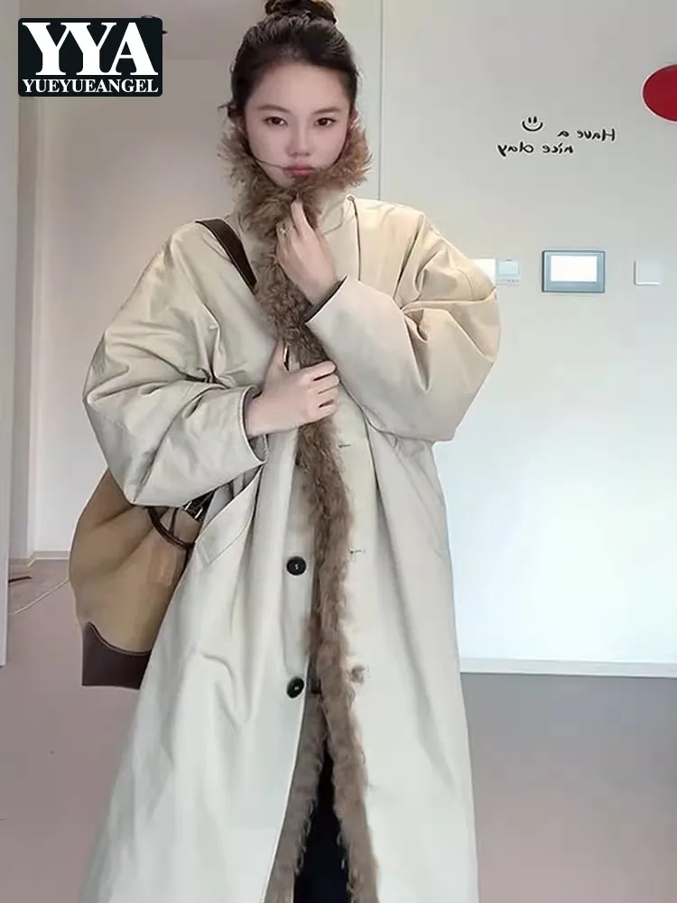 Korean Style Faux Sheep Fur Collar Women Long Down Coat Loose Fit Overcoat Single Breasted Puffer Jacket Winter Warm Outerwear